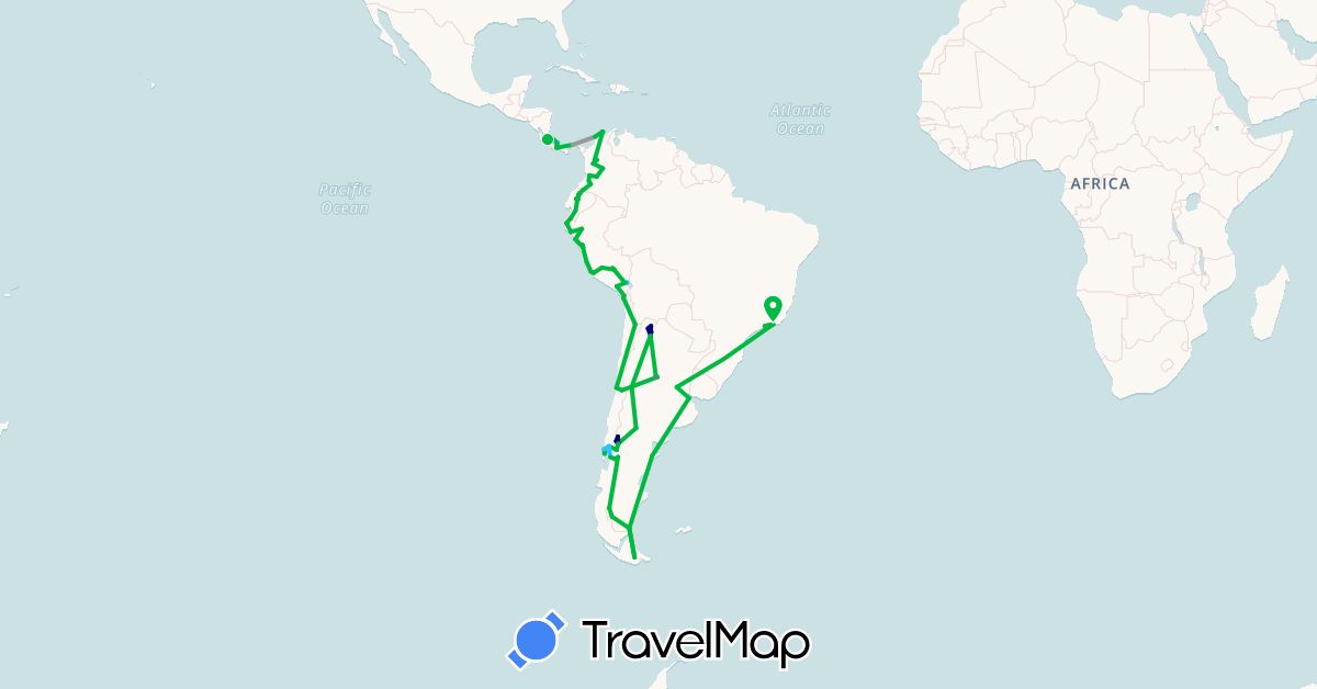 TravelMap itinerary: driving, bus, plane, train, hiking, boat in Argentina, Brazil, Chile, Colombia, Costa Rica, Ecuador, Panama, Peru (North America, South America)